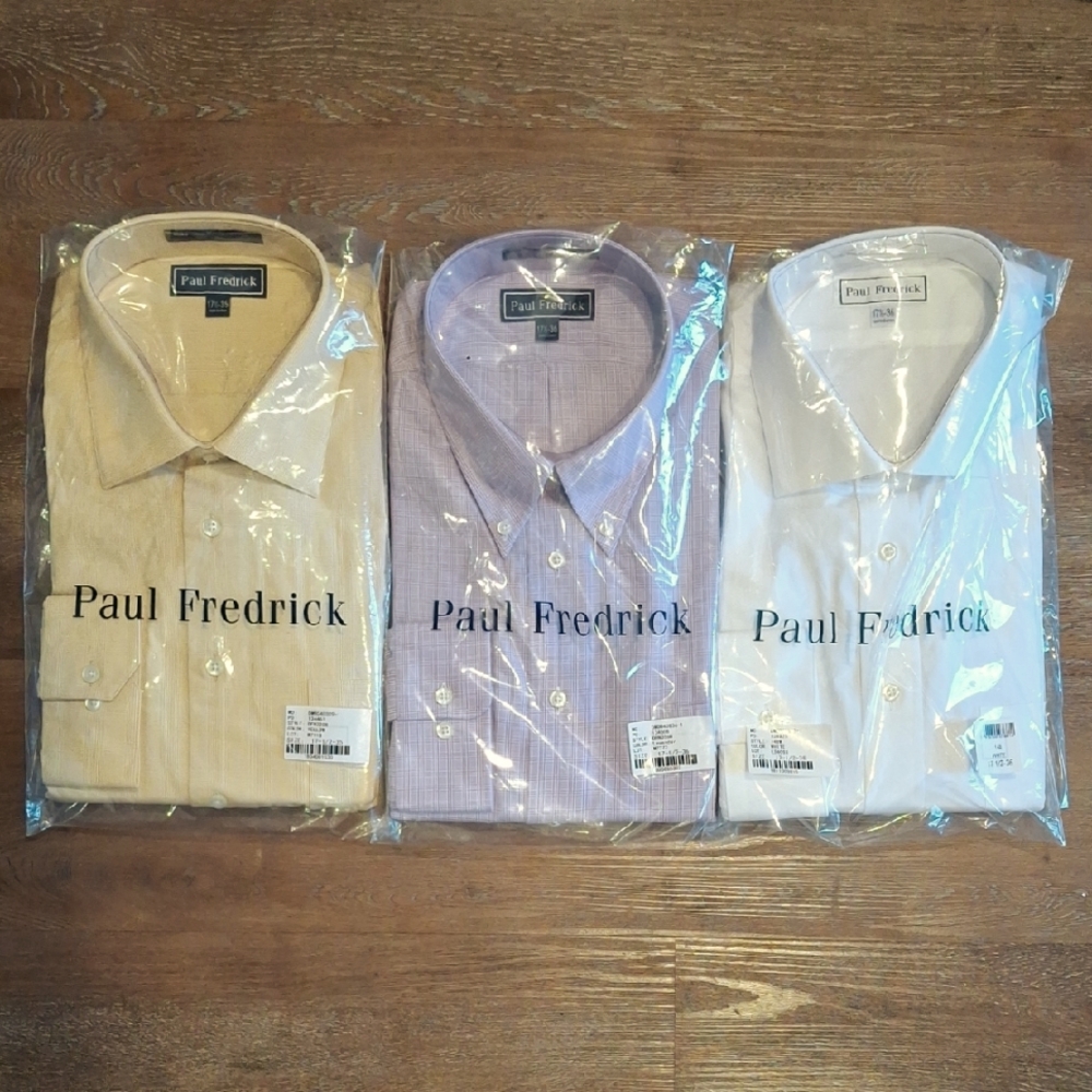 NWT Set Of 3 Paul Fredrick Yellow, Purple, White Cotton Dress Shirts Size 17.5!